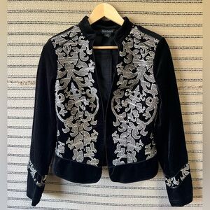 White House Black Market Black Structured Jacket with Silver Embroidery